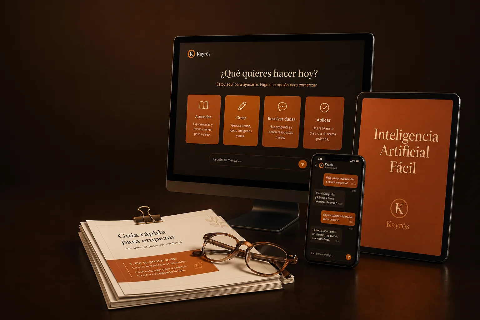 Inteligencia Artificial Fácil en laptop, tablet, móvil y libro